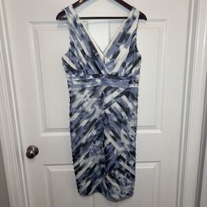Ann Taylor Cocktail Dress Blue Abstract V-Neck Sleeveless Textured Petite 12P